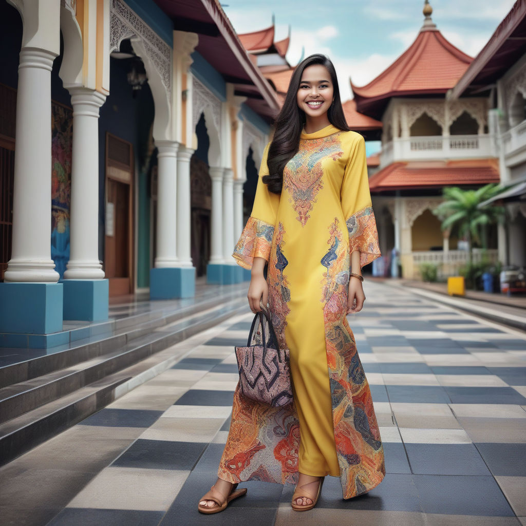 a young Malaysian woman in her mid-20s. She has long, dark hair and a bright smile. Her outfit reflects modern Malaysian fashion: she is wearing a beautiful baju kurung with intricate patterns, paired with a matching hijab and stylish sandals. The background features a vibrant Malaysian street with a mix of modern and traditional architecture, capturing the essence of Malaysian culture and style.