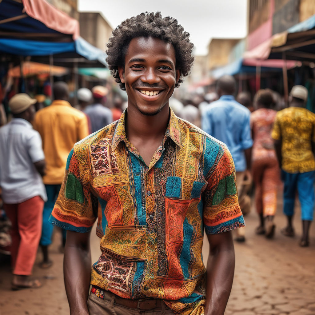 a young Mozambican man in his mid-20s. He has short, curly black hair and a warm smile. His outfit reflects modern Mozambican fashion: he is wearing a traditional capulana shirt with vibrant patterns, paired with casual trousers and leather sandals. The background features a lively Mozambican street with bustling markets and traditional architecture, capturing the essence of Mozambican culture and style.