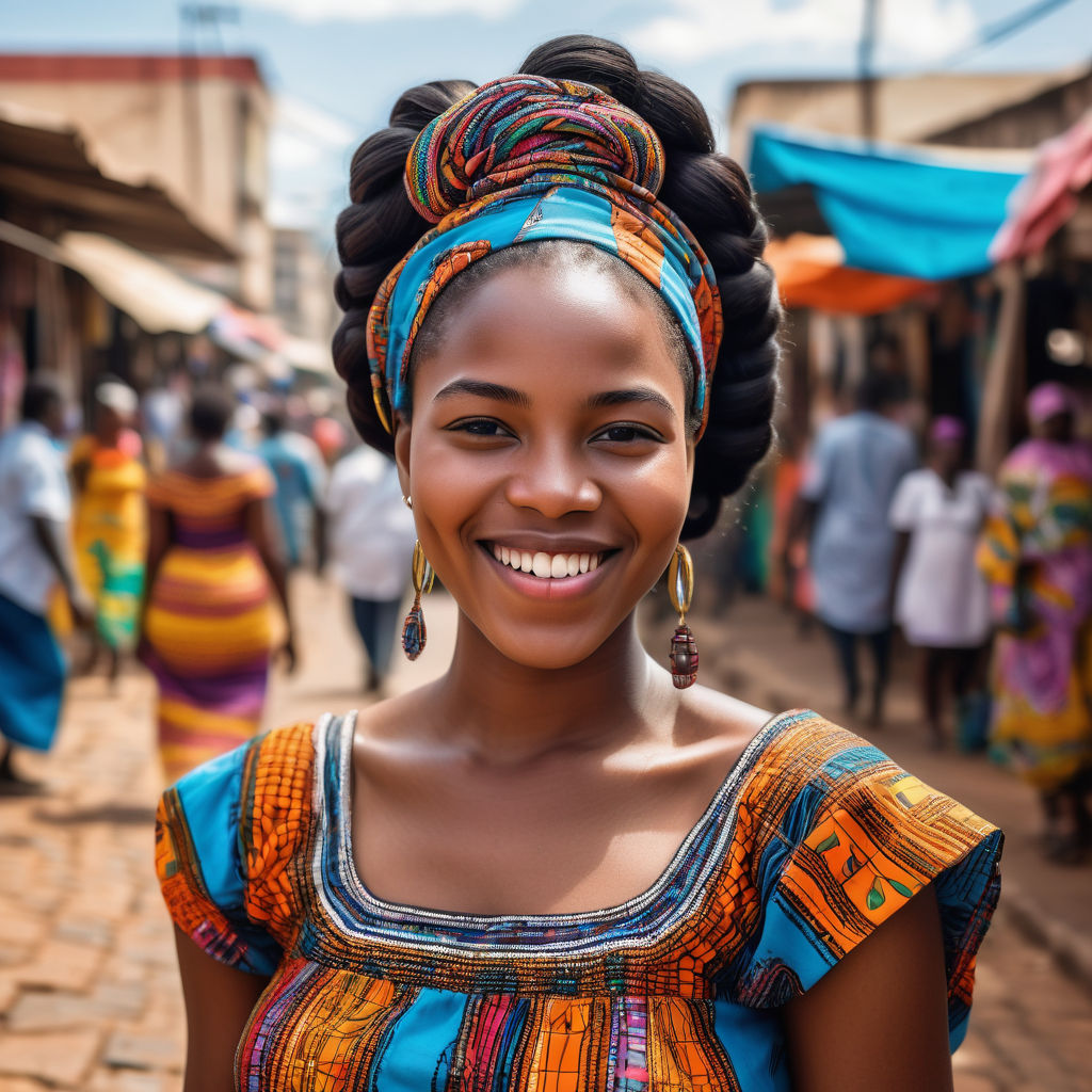 a young Mozambican woman in her mid-20s. She has long, braided black hair and a bright smile. Her outfit reflects modern Mozambican fashion: she is wearing a traditional capulana dress with vibrant patterns, paired with traditional jewelry. The background features a lively Mozambican street with bustling markets and traditional architecture, capturing the essence of Mozambican culture and style.