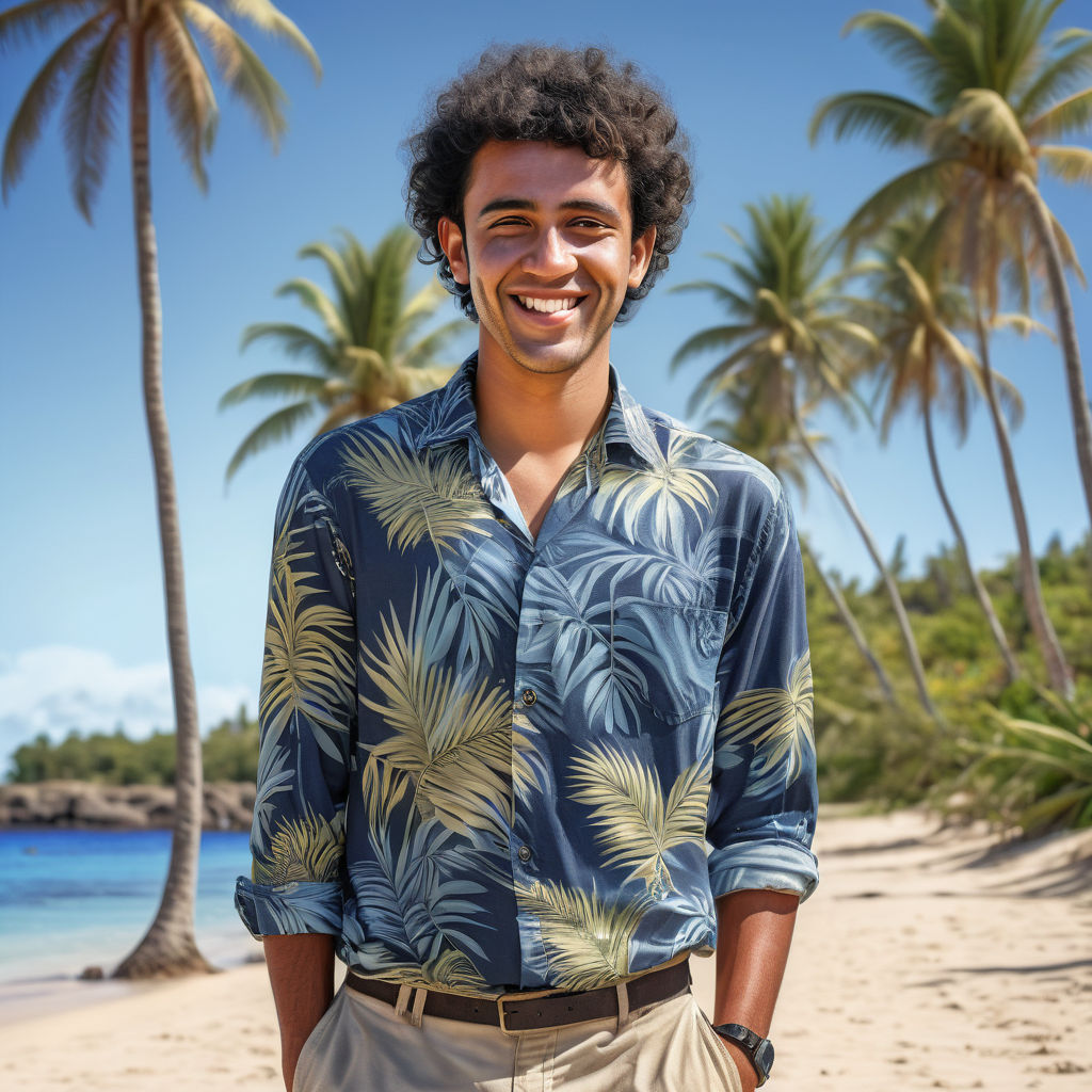 a young New Caledonian man in his mid-20s from New Caledonia. He has short, curly black hair and a warm smile. His outfit reflects modern New Caledonian fashion: he is wearing a casual, tropical shirt paired with lightweight trousers and sandals. The background features a picturesque New Caledonian beach with palm trees and clear blue water, capturing the essence of New Caledonian culture and style.