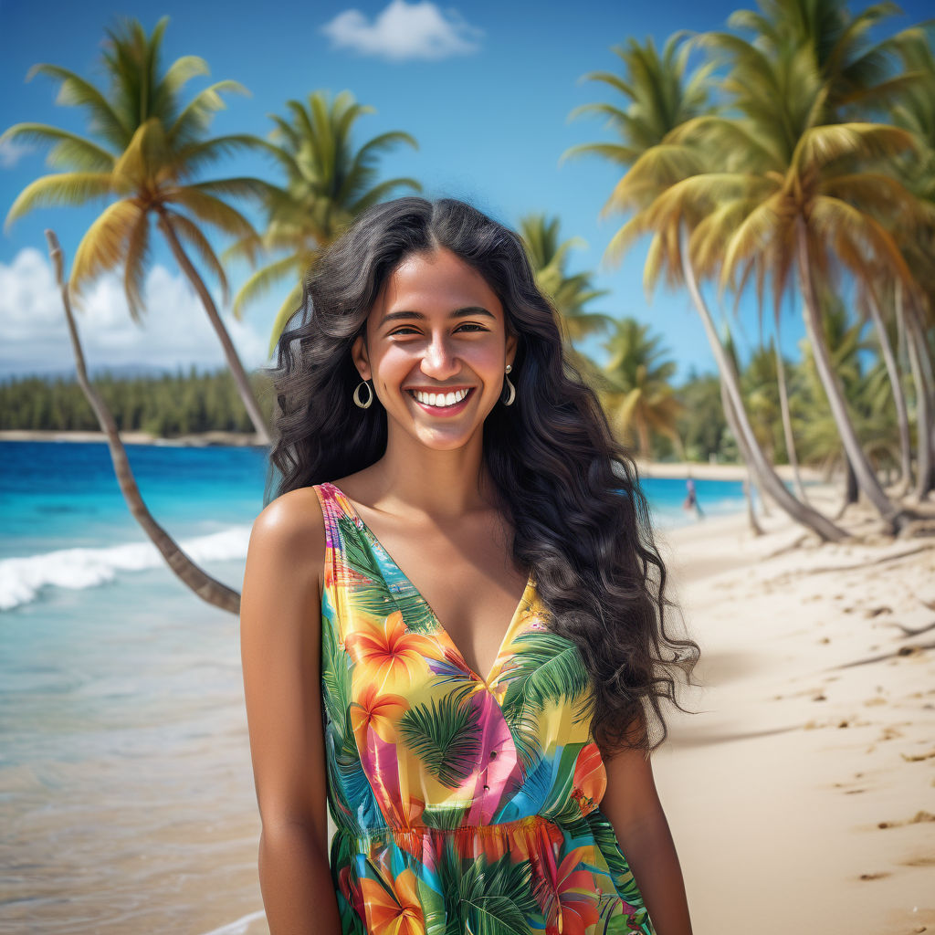 a young New Caledonian woman in her mid-20s from New Caledonia. She has long, wavy black hair and a bright smile. Her outfit reflects modern New Caledonian fashion: she is wearing a colorful, tropical dress paired with stylish sandals and traditional jewelry. The background features a picturesque New Caledonian beach with palm trees and clear blue water, capturing the essence of New Caledonian culture and style.