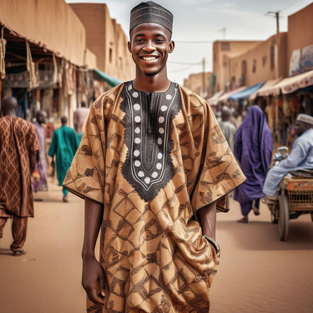 a young Nigerien man in his mid-20s from Niger. He has short, curly black hair and a warm smile. His outfit reflects traditional Nigerien fashion: he is wearing a traditional boubou with intricate patterns, paired with comfortable trousers and leather sandals. The background features a lively Nigerien street with bustling markets and traditional architecture, capturing the essence of Nigerien culture and style.