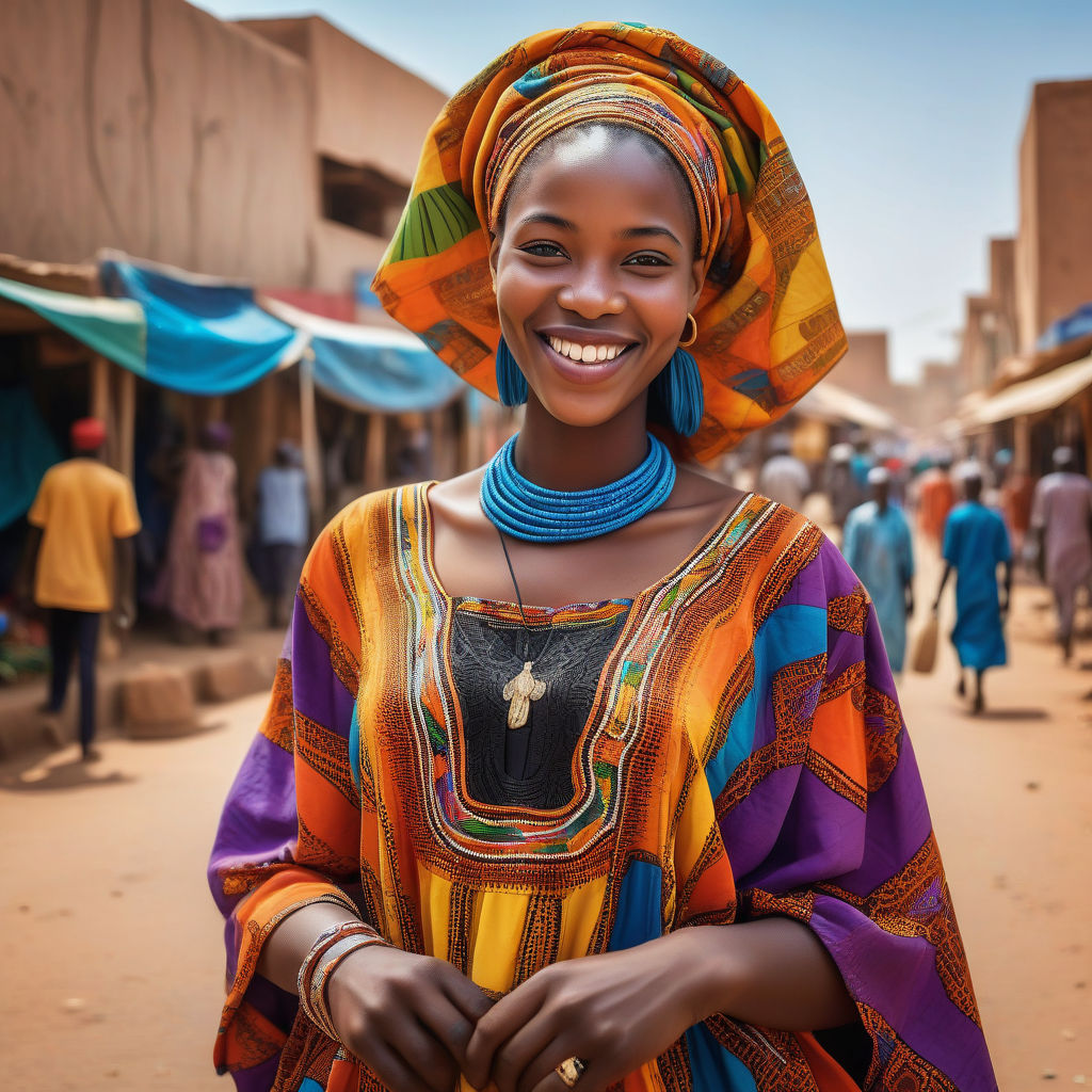 a young Nigerien woman in her mid-20s from Niger. She has long, braided black hair and a bright smile. Her outfit reflects traditional Nigerien fashion: she is wearing a colorful boubou dress with intricate patterns, paired with traditional jewelry. The background features a lively Nigerien street with bustling markets and traditional architecture, capturing the essence of Nigerien culture and style.