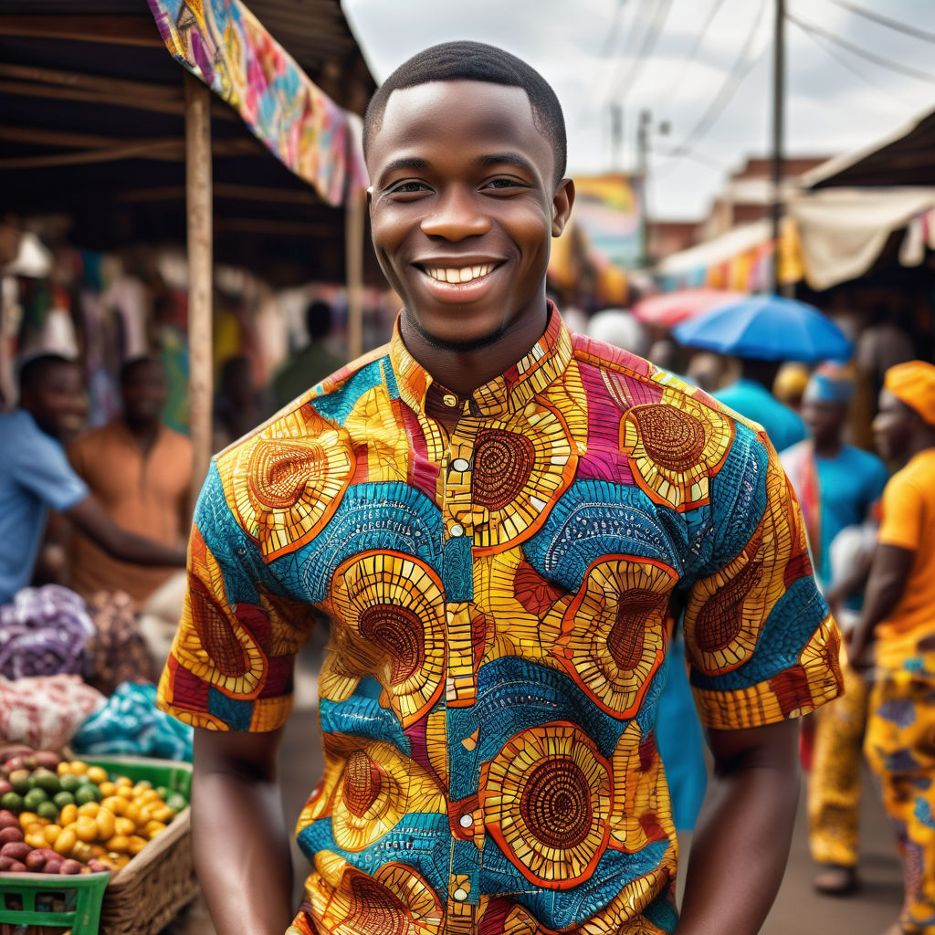 a young Nigerian man in his mid-20s. He has short, neatly trimmed hair and a confident smile. He is dressed in traditional Nigerian attire, wearing a colorful Ankara shirt with intricate patterns, paired with matching trousers. The background shows a vibrant Nigerian market scene, with bustling stalls and people, capturing the rich culture and lively atmosphere of Nigeria.