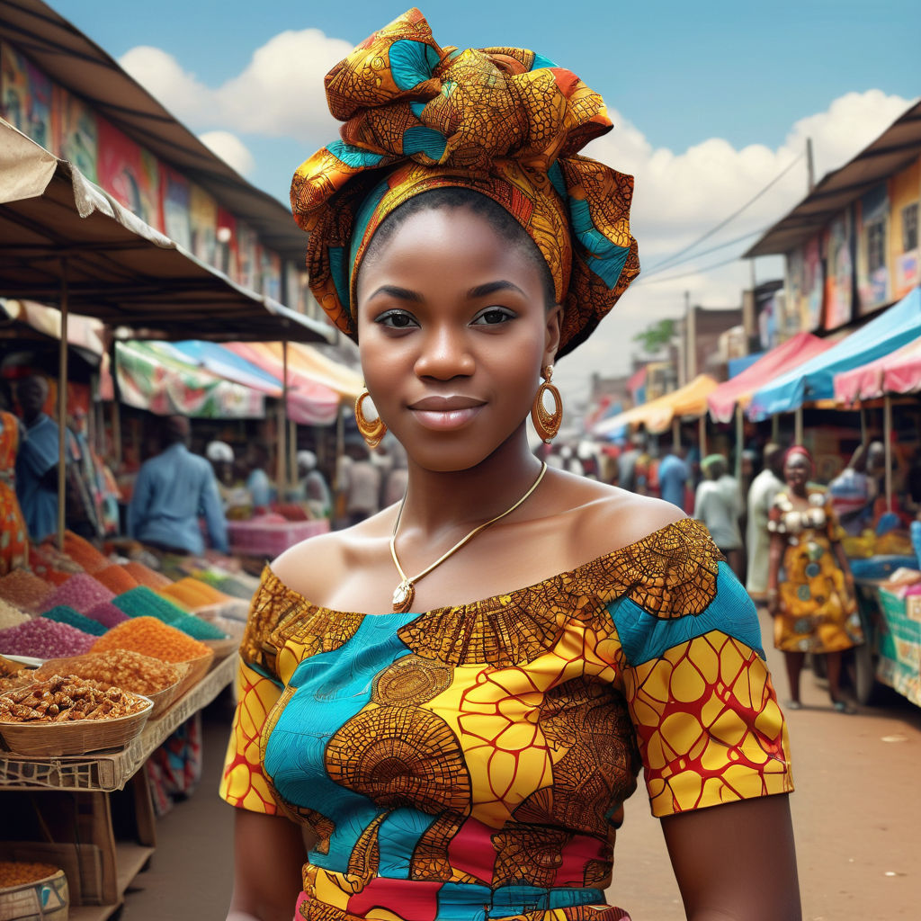 a young Nigerian woman in her mid-20s. She has natural curly hair styled in a fashionable updo and wears traditional Nigerian attire. She is dressed in a colorful Ankara dress with intricate patterns, accessorized with matching headwrap and jewelry. The background shows a vibrant Nigerian market scene, with bustling stalls and people, capturing the rich culture and lively atmosphere of Nigeria.