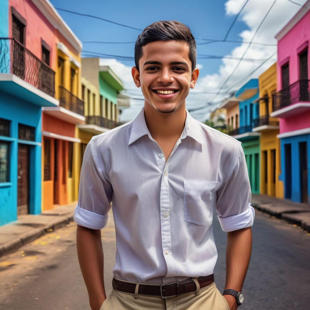 a young Nicaraguan man in his mid-20s. He has short, dark hair and a friendly smile. His outfit reflects modern Nicaraguan fashion: he is wearing a casual, fitted guayabera shirt paired with lightweight trousers and stylish loafers. The background features a lively Nicaraguan street with colorful buildings and a vibrant atmosphere, capturing the essence of Nicaraguan culture and style.