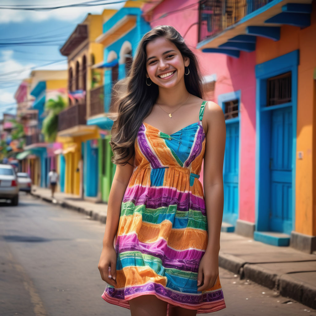 a young Nicaraguan woman in her mid-20s. She has long, dark hair and a bright smile. Her outfit reflects modern Nicaraguan fashion: she is wearing a colorful, fitted sundress paired with stylish sandals. The background features a lively Nicaraguan street with vibrant buildings and a festive atmosphere, capturing the essence of Nicaraguan culture and style.