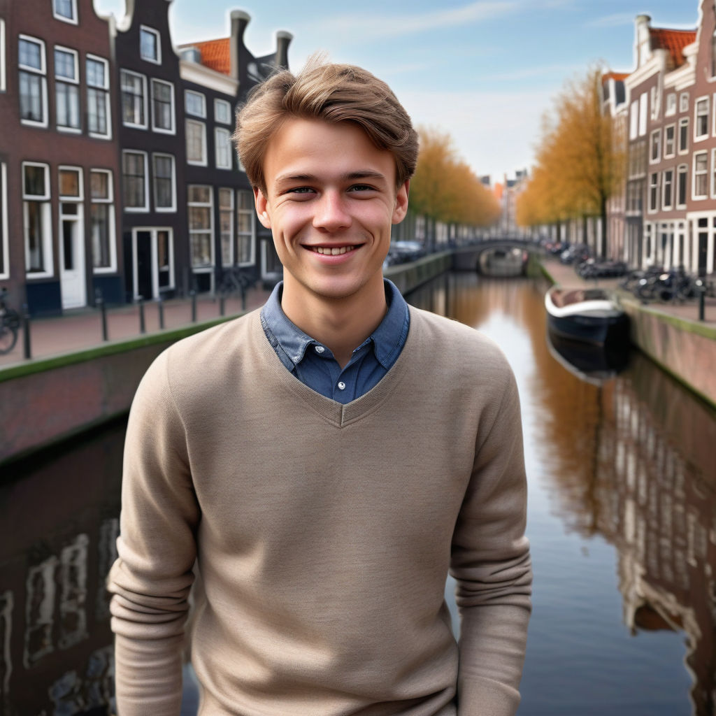 a young Dutch man in his mid-20s. He has short, light brown hair and a friendly smile. His outfit reflects modern Dutch fashion: he is wearing a casual, fitted sweater over a collared shirt, paired with slim-fit jeans and stylish sneakers. The background features a charming Dutch street with historic buildings, canals, and bicycles, capturing the essence of Dutch culture and style.