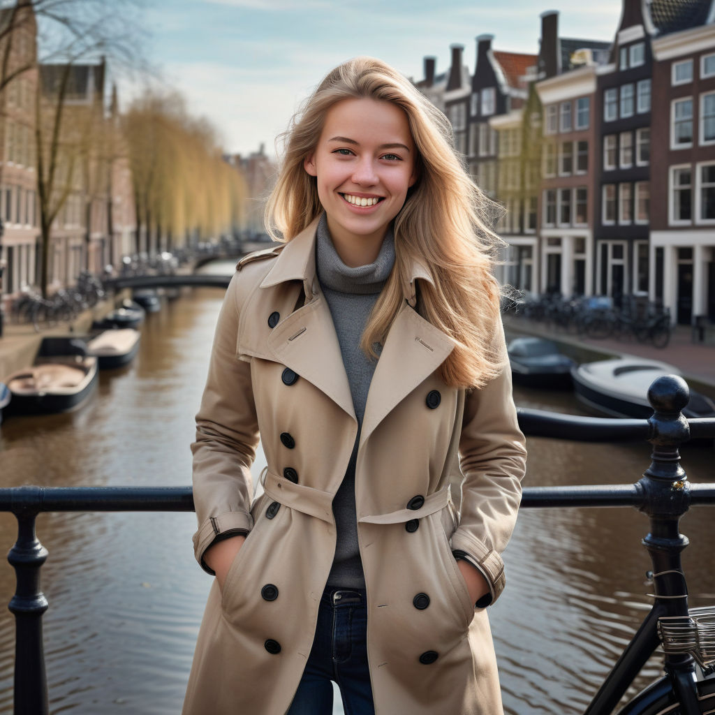 a young Dutch woman in her mid-20s. She has long, blonde hair and a warm smile. Her outfit reflects modern Dutch fashion: she is wearing a stylish, fitted trench coat over a cozy sweater, paired with slim-fit jeans and ankle boots. The background features a picturesque Dutch street with historic buildings, canals, and bicycles, capturing the essence of Dutch culture and style.