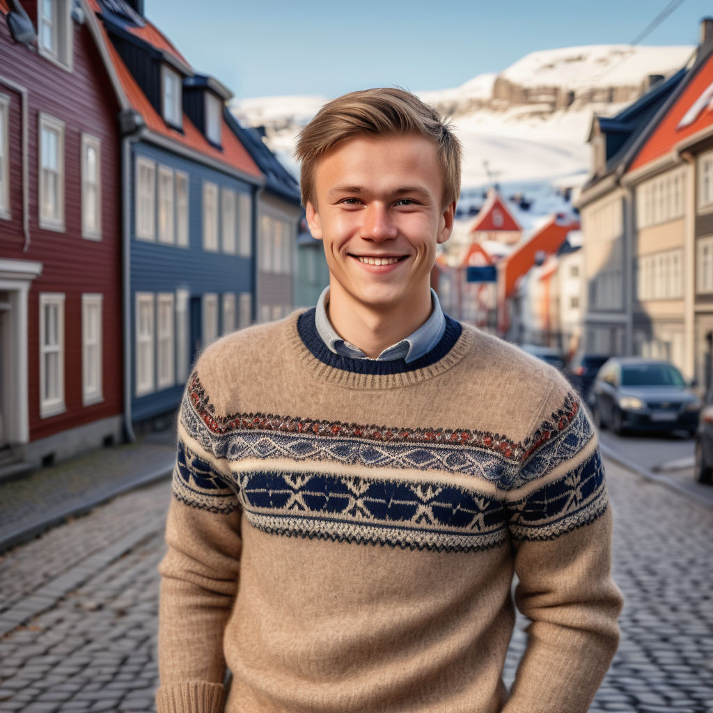 a young Norwegian man in his mid-20s. He has short, light brown hair and a friendly smile. His outfit reflects modern Norwegian fashion: he is wearing a cozy, fitted wool sweater with traditional Norwegian patterns, paired with slim-fit jeans and winter boots. The background features a picturesque Norwegian street with historic buildings and a cozy atmosphere, capturing the essence of Norwegian culture and style.