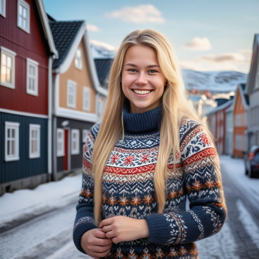 a young Norwegian woman in her mid-20s. She has long, blonde hair and a bright smile. Her outfit reflects modern Norwegian fashion: she is wearing a cozy, fitted wool sweater with traditional Norwegian patterns, paired with skinny jeans and winter boots. The background features a picturesque Norwegian street with historic buildings and a cozy atmosphere, capturing the essence of Norwegian culture and style.