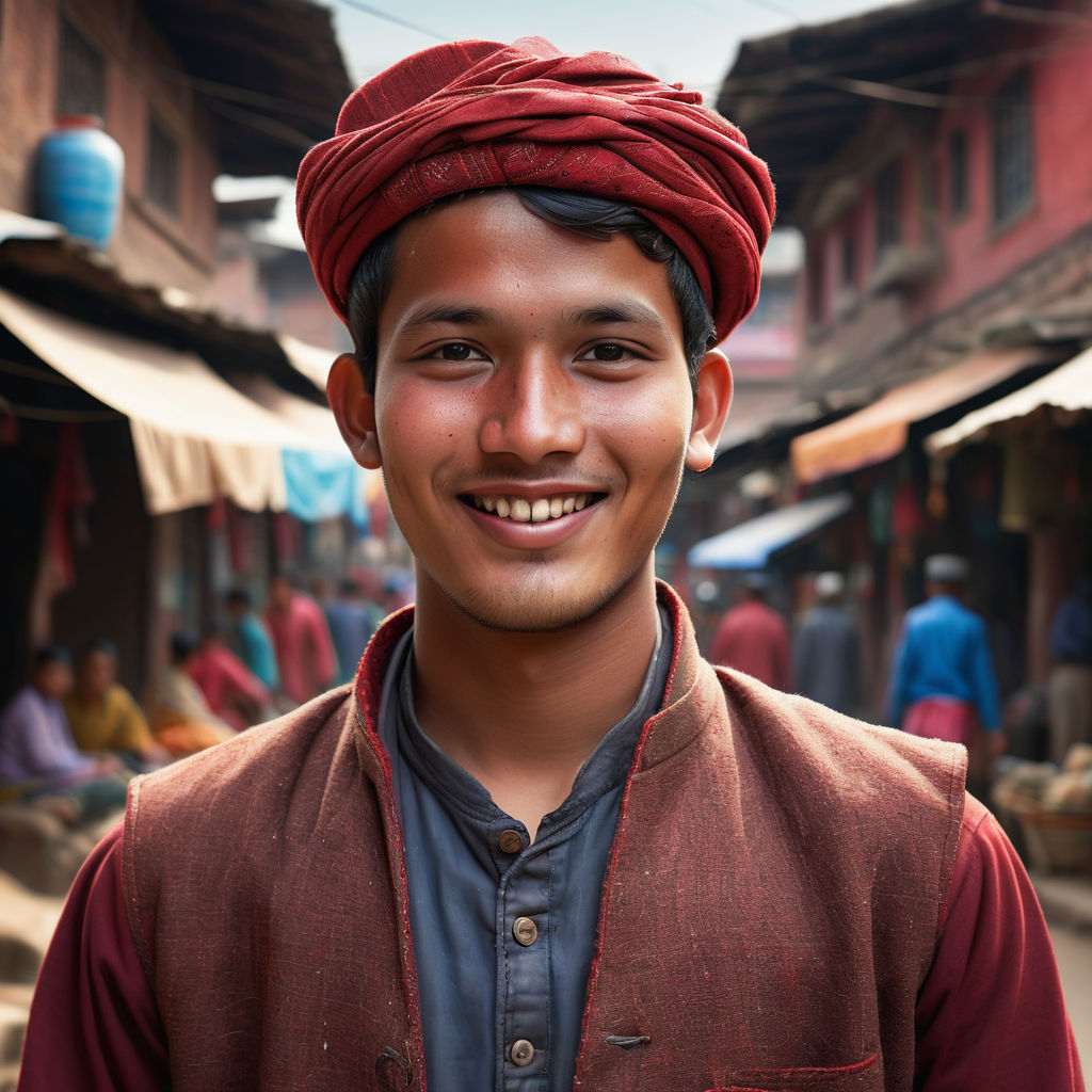 a young Nepali man in his mid-20s. He has short, dark hair and a warm smile. His outfit reflects traditional Nepali fashion: he is wearing a traditional daura suruwal with a matching topi (hat). The background features a lively Nepali street with bustling markets and traditional architecture, capturing the essence of Nepali culture and style.