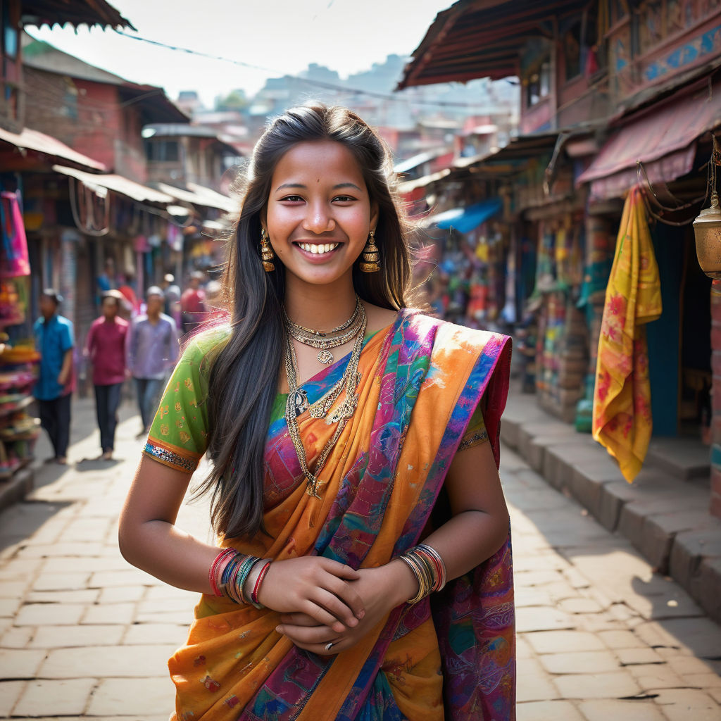 a young Nepali woman in her mid-20s. She has long, dark hair and a bright smile. Her outfit reflects traditional Nepali fashion: she is wearing a colorful saree with intricate patterns, paired with traditional jewelry. The background features a lively Nepali street with bustling markets and traditional architecture, capturing the essence of Nepali culture and style.