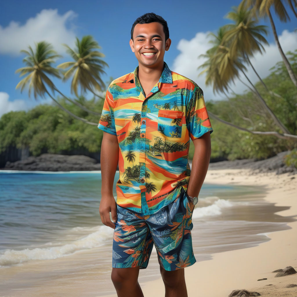 a young Nauruan man in his mid-20s from Nauru. He has short, wavy black hair and a bright, friendly smile. His outfit reflects traditional Nauruan fashion: he is wearing a brightly colored, tropical shirt with island patterns, paired with casual shorts and flip-flops. The background features a picturesque Nauruan beach with clear blue waters and lush palm trees, capturing the essence of Nauruan culture and style.