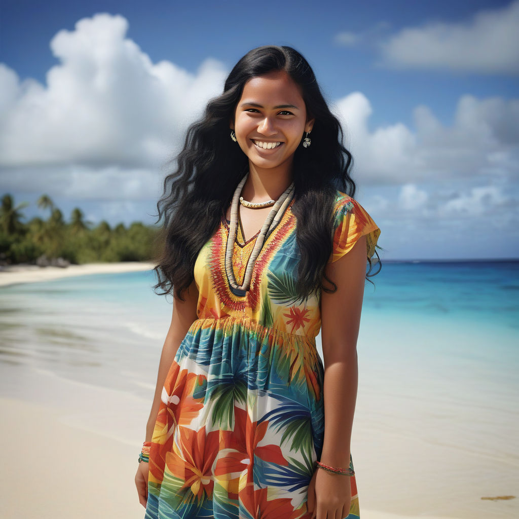 a young Nauruan woman in her mid-20s from Nauru. She has long, wavy black hair and a warm, radiant smile. Her outfit reflects traditional Nauruan fashion: she is wearing a colorful, tropical dress with island patterns, paired with simple jewelry and sandals. The background features a beautiful Nauruan beach with clear blue waters and lush palm trees, capturing the essence of Nauruan culture and style.