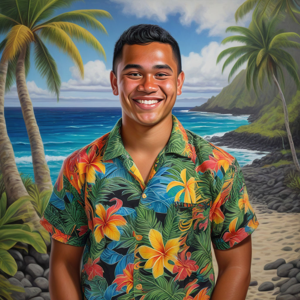 a young Niuean man in his mid-20s from Niue. He has short, wavy black hair and a bright, friendly smile. His outfit reflects traditional Niuean fashion: he is wearing a colorful, tropical shirt with island patterns, paired with casual shorts and flip-flops. The background features a picturesque Niuean beach with clear blue waters and lush palm trees, capturing the essence of Niuean culture and style.