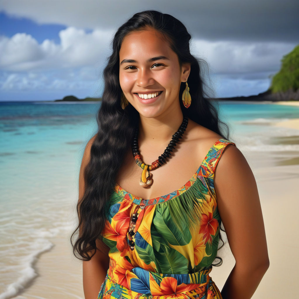 a young Niuean woman in her mid-20s from Niue. She has long, wavy black hair and a warm, radiant smile. Her outfit reflects traditional Niuean fashion: she is wearing a colorful, tropical dress with island patterns, paired with simple jewelry and sandals. The background features a beautiful Niuean beach with clear blue waters and lush palm trees, capturing the essence of Niuean culture and style.