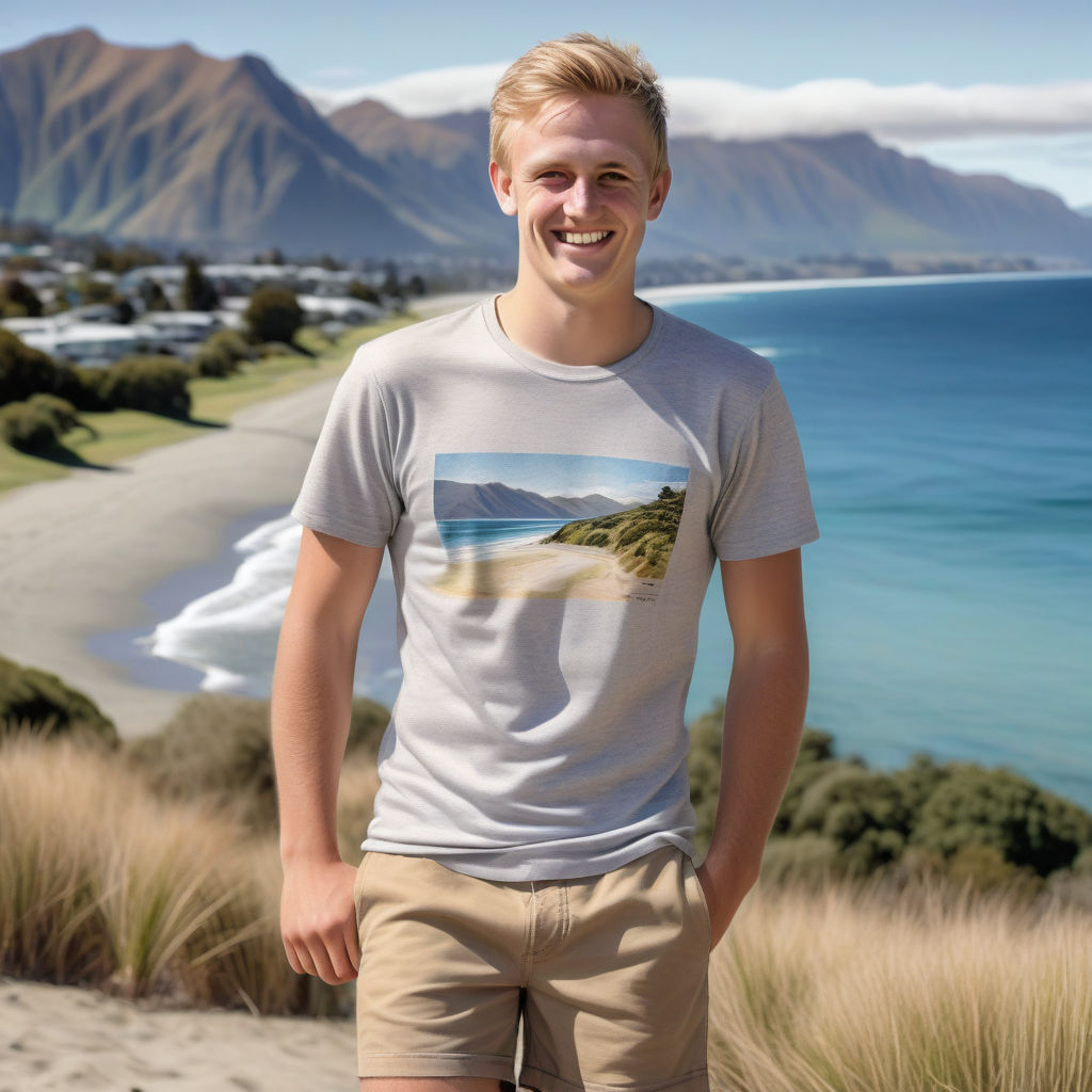 a young New Zealand man in his mid-20s. He has short, sandy blonde hair and a friendly smile. His outfit reflects modern New Zealand fashion: he is wearing a casual, fitted t-shirt paired with board shorts and flip-flops. The background features a picturesque New Zealand beach with the ocean and mountains in the distance, capturing the essence of New Zealand culture and style.