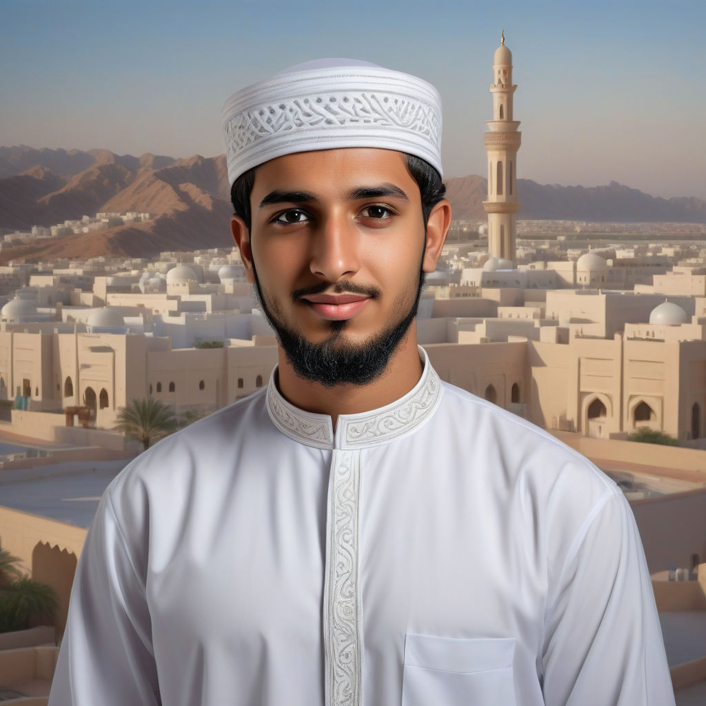 a young Omani man in his mid-20s. He has short, dark hair and a neatly groomed beard. His outfit reflects traditional Omani fashion: he is wearing a white dishdasha paired with a kumma (traditional embroidered cap). The background features a modern Omani cityscape with a blend of traditional and contemporary architecture, capturing the essence of Omani culture and style.