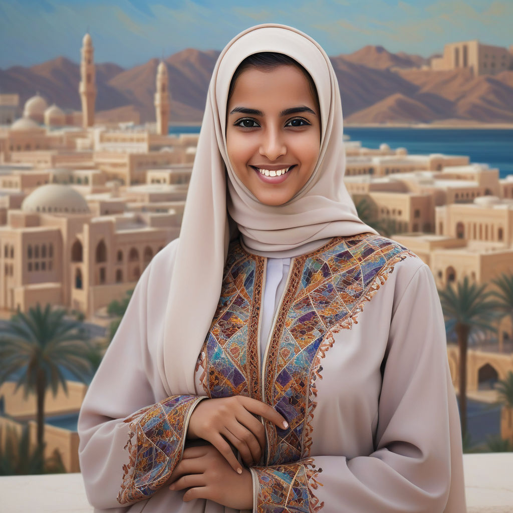 a young Omani woman in her mid-20s. She has long, dark hair and a warm smile. Her outfit reflects traditional Omani fashion: she is wearing a colorful, intricately embroidered abaya paired with a matching hijab. The background features a modern Omani cityscape with a blend of traditional and contemporary architecture, capturing the essence of Omani culture and style.