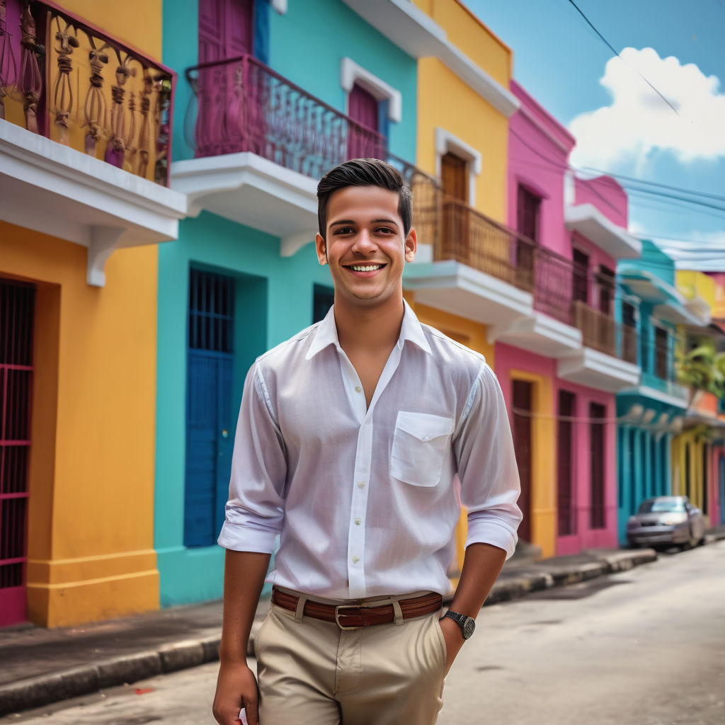 a young Panamanian man in his mid-20s. He has short, dark hair and a friendly smile. His outfit reflects modern Panamanian fashion: he is wearing a traditional guayabera shirt paired with lightweight trousers and stylish loafers. The background features a lively Panamanian street with colorful buildings and a vibrant atmosphere, capturing the essence of Panamanian culture and style.