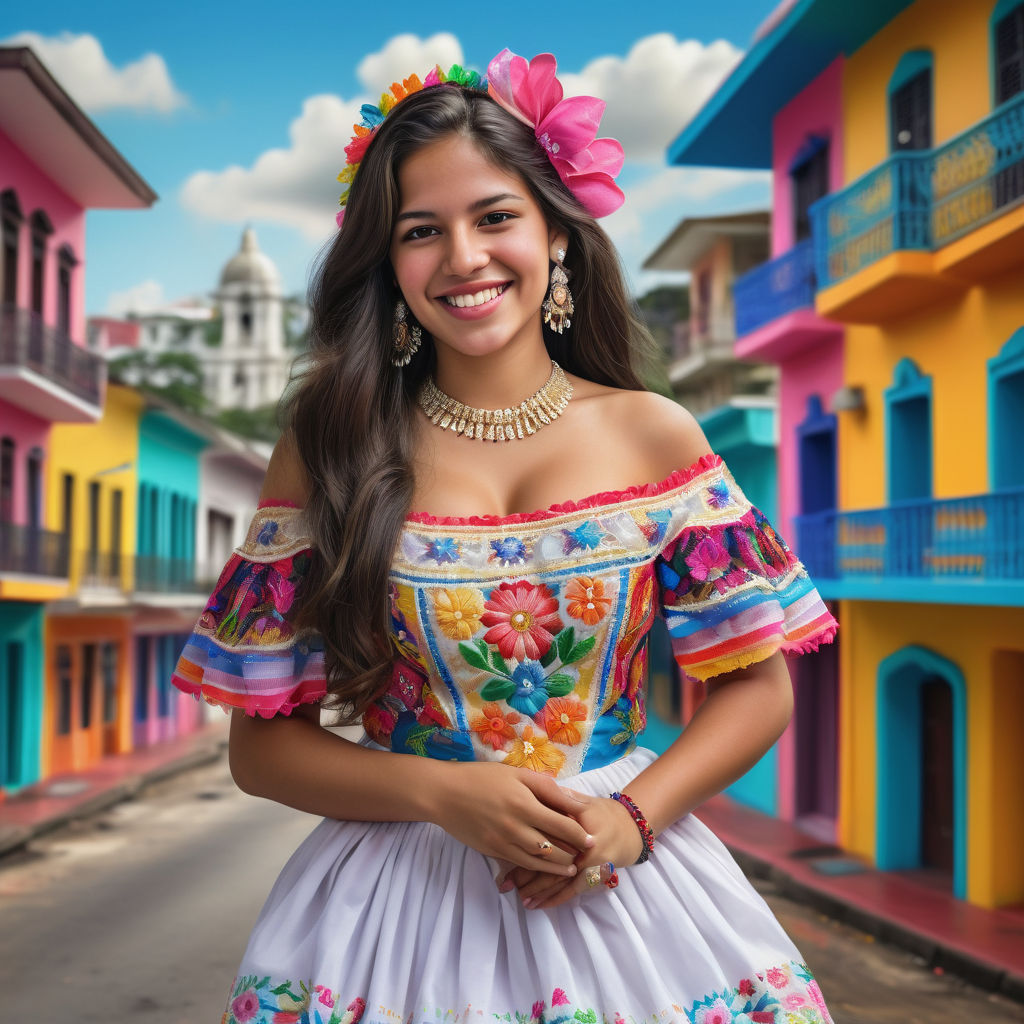 a young Panamanian woman in her mid-20s. She has long, dark hair and a bright smile. Her outfit reflects modern Panamanian fashion: she is wearing a traditional pollera dress with intricate embroidery, paired with traditional jewelry. The background features a lively Panamanian street with colorful buildings and a festive atmosphere, capturing the essence of Panamanian culture and style.