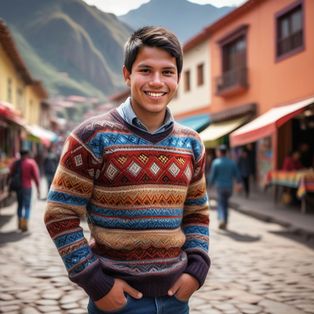 a young Peruvian man in his mid-20s. He has short, dark hair and a friendly smile. His outfit reflects modern Peruvian fashion: he is wearing a traditional alpaca sweater with intricate patterns, paired with casual jeans and hiking boots. The background features a picturesque Peruvian street with vibrant markets and traditional architecture, capturing the essence of Peruvian culture and style.