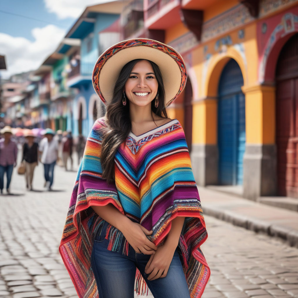 a young Peruvian woman in her mid-20s. She has long, dark hair and a bright smile. Her outfit reflects modern Peruvian fashion: she is wearing a traditional colorful poncho with intricate patterns, paired with a stylish hat and casual jeans. The background features a lively Peruvian street with vibrant markets and traditional architecture, capturing the essence of Peruvian culture and style.