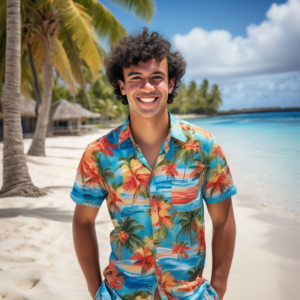 a young French Polynesian man in his mid-20s from French Polynesia. He has short, curly black hair and a warm smile. His outfit reflects modern French Polynesian fashion: he is wearing a colorful, floral shirt paired with comfortable shorts and sandals. The background features a picturesque French Polynesian beach with palm trees and clear blue water, capturing the essence of French Polynesian culture and style.