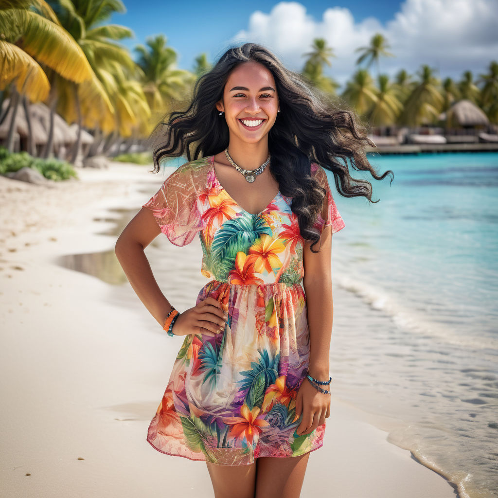 a young French Polynesian woman in her mid-20s from French Polynesia. She has long, wavy black hair and a bright smile. Her outfit reflects modern French Polynesian fashion: she is wearing a colorful, floral dress paired with stylish sandals and traditional jewelry. The background features a picturesque French Polynesian beach with palm trees and clear blue water, capturing the essence of French Polynesian culture and style.