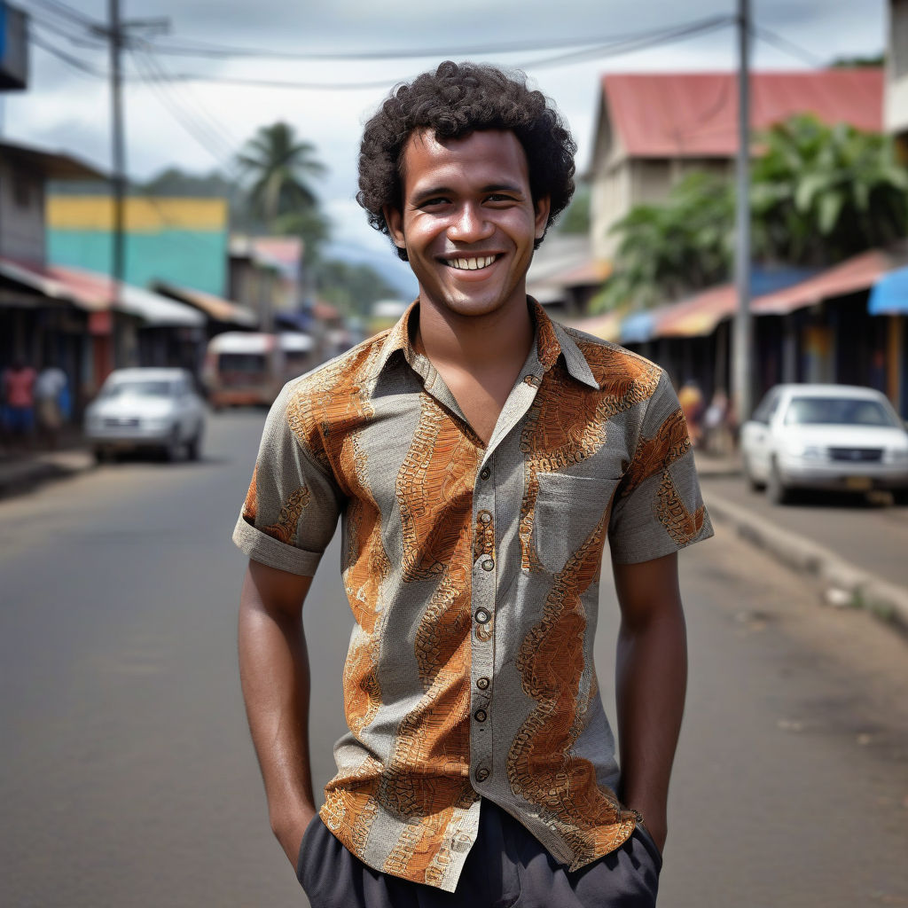 a young Papua New Guinean man in his mid-20s from Papua New Guinea. He has short, curly black hair and a warm smile. His outfit reflects modern Papua New Guinean fashion: he is wearing a traditional bilum shirt, paired with trousers and sandals. The background features a lively Papua New Guinean street with bustling markets and traditional architecture, capturing the essence of Papua New Guinean culture and style.