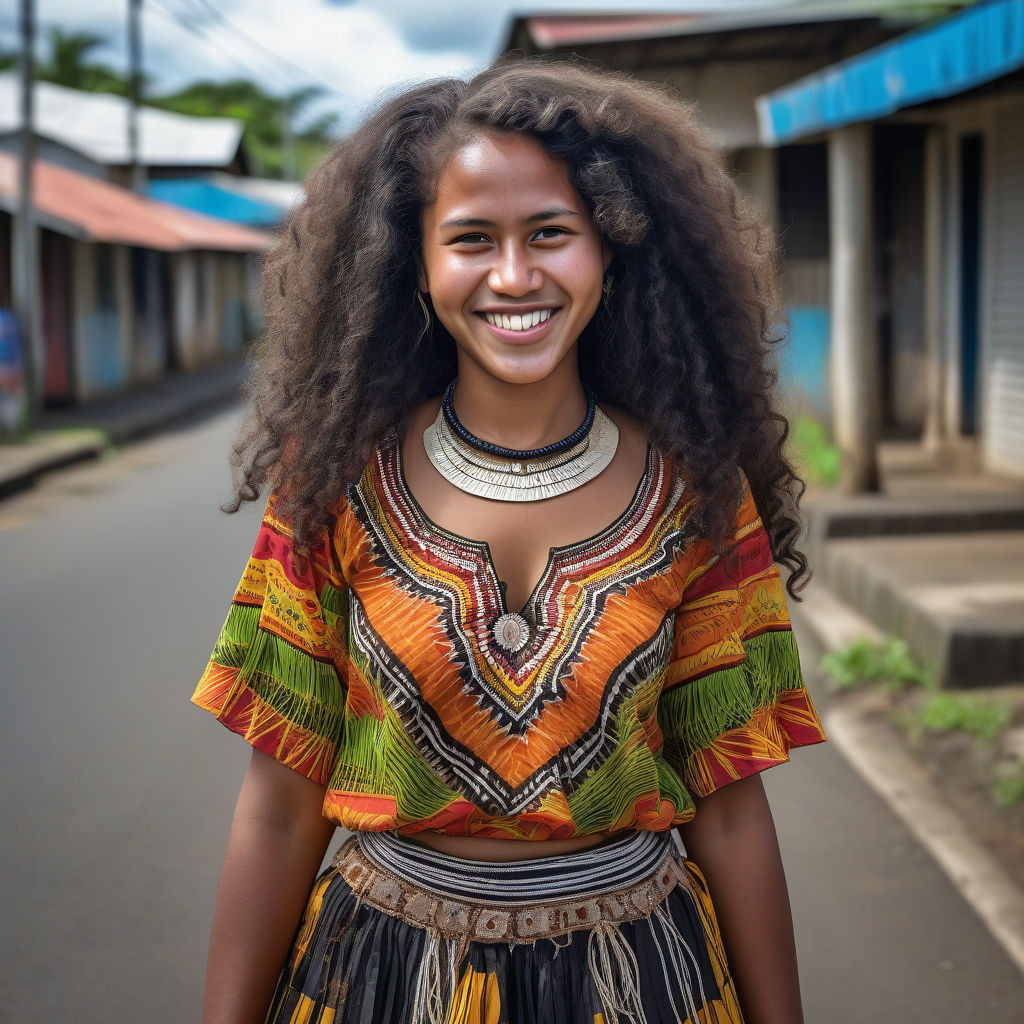 a young Papua New Guinean woman in her mid-20s from Papua New Guinea. She has long, curly black hair and a bright smile. Her outfit reflects modern Papua New Guinean fashion: she is wearing a traditional meri blouse, paired with a matching skirt and traditional jewelry. The background features a lively Papua New Guinean street with bustling markets and traditional architecture, capturing the essence of Papua New Guinean culture and style.