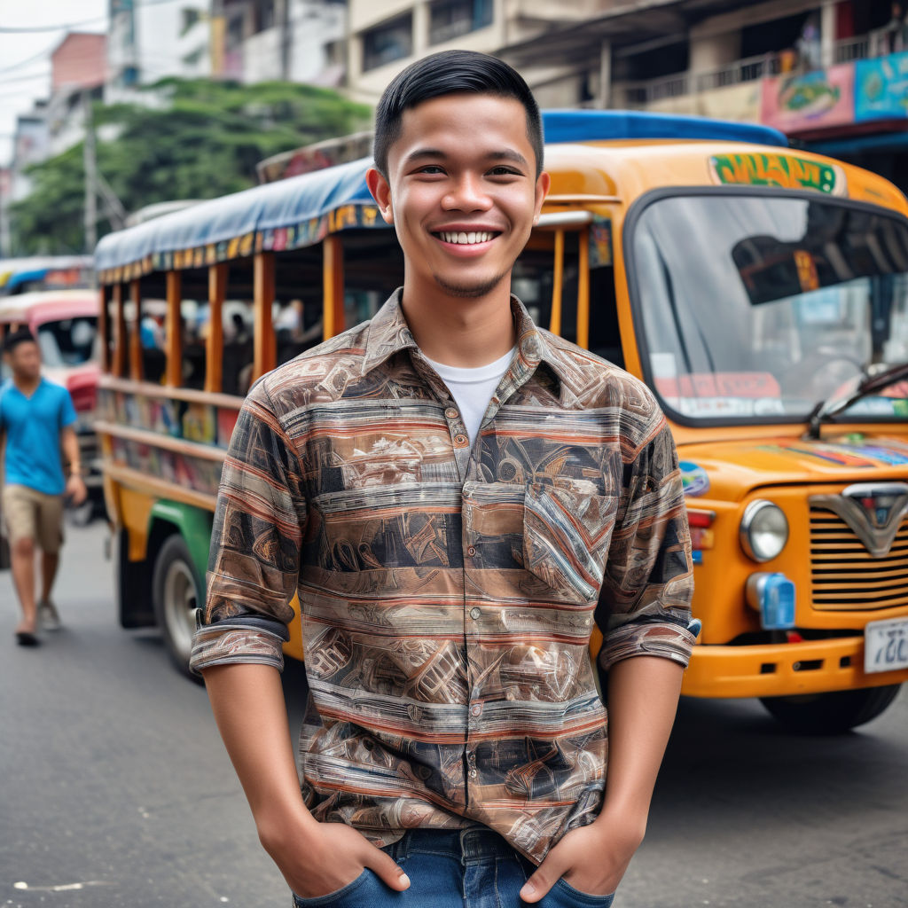 a young Filipino man in his mid-20s. He has short, black hair, brown eyes, and a friendly smile. He is dressed in typical Filipino casual attire, wearing a collared shirt with a unique Filipino pattern, comfortable jeans, and casual sneakers. The background shows a bustling street in Manila with traditional jeepneys and vibrant street vendors, capturing the essence of contemporary Filipino fashion and culture.