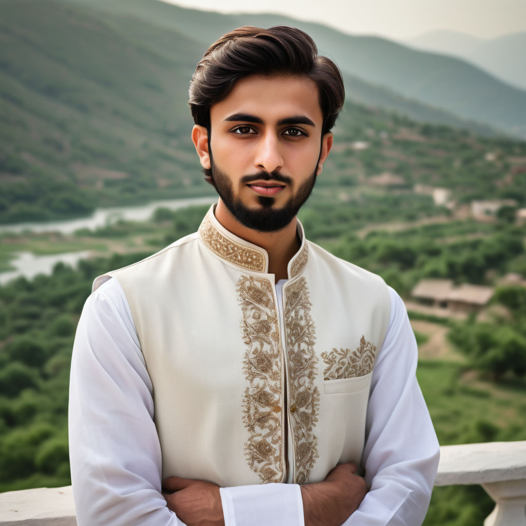 a young Pakistani man in his mid-20s. He has short, dark hair and a neatly trimmed beard, with expressive brown eyes. He is dressed in traditional Pakistani attire, wearing a white shalwar kameez with intricate embroidery and a dark waistcoat. The background features a scenic view of the Pakistani countryside, with lush greenery and distant mountains, reflecting the cultural and natural beauty of Pakistan.