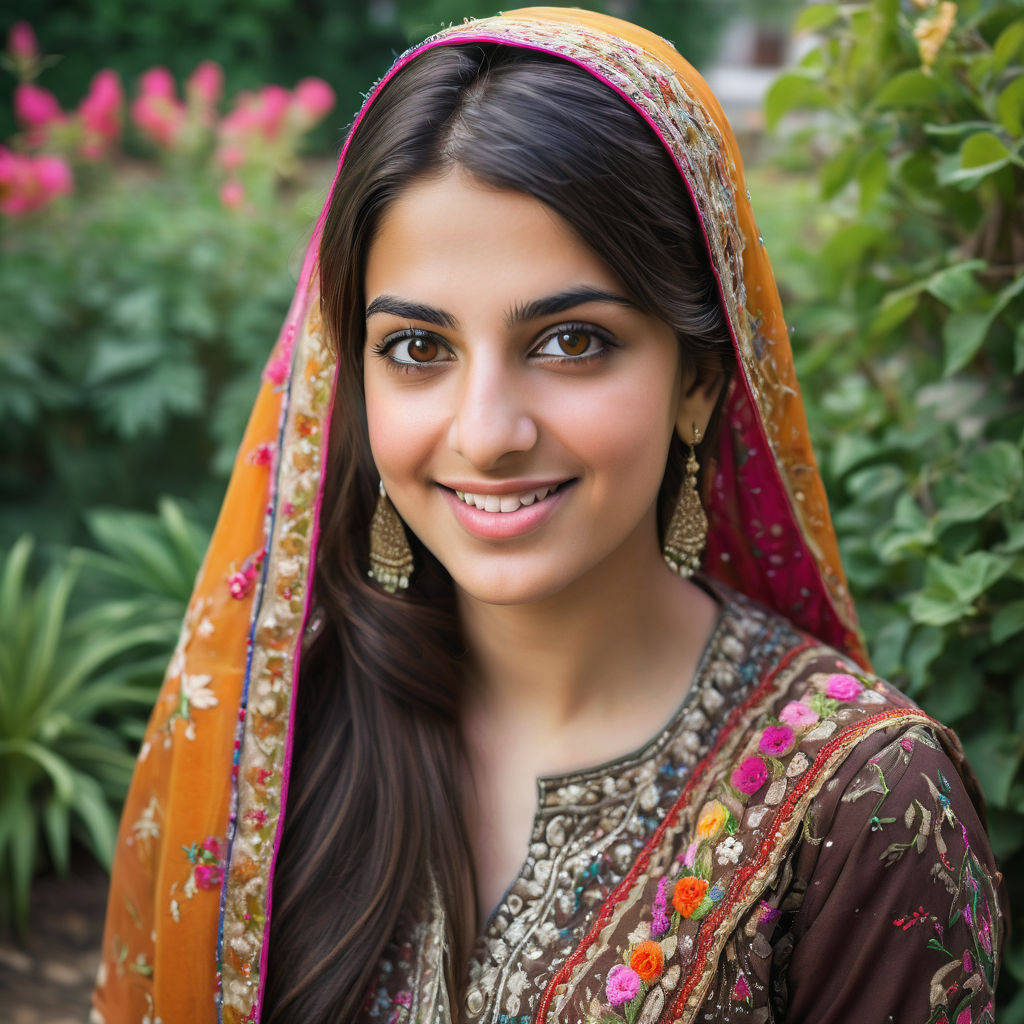 a young Pakistani woman in her mid-20s. She has long, dark hair, expressive brown eyes, and a warm smile. She is dressed in traditional Pakistani attire, wearing a brightly colored shalwar kameez with intricate embroidery and a matching dupatta draped gracefully over her head and shoulders. The background features a beautiful Pakistani garden with vibrant flowers and traditional architecture, reflecting the cultural richness of Pakistan.