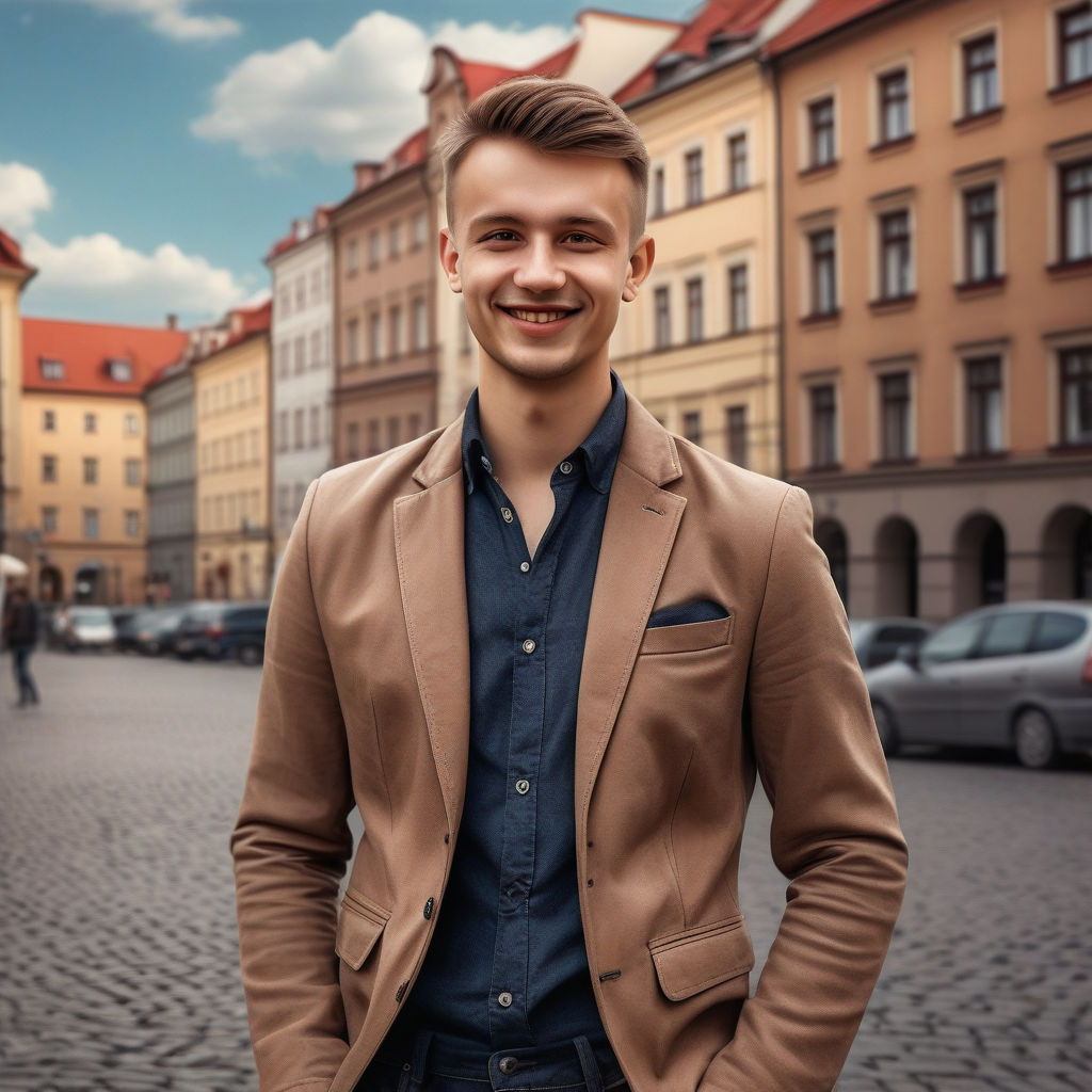 a young Polish man in his mid-20s. He has short, light brown hair and a friendly smile. His outfit reflects modern Polish fashion: he is wearing a stylish, fitted blazer over a casual shirt, paired with dark jeans and leather shoes. The background features a picturesque Polish street with historic architecture and a cozy atmosphere, capturing the essence of Polish culture and style.