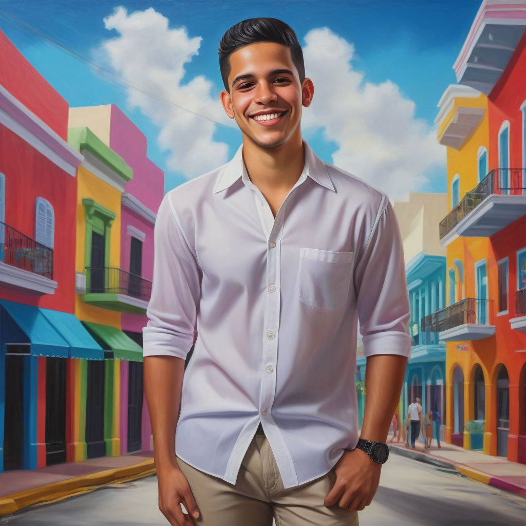 a young Puerto Rican man in his mid-20s. He has short, dark hair and a friendly smile. His outfit reflects modern Puerto Rican fashion: he is wearing a casual, fitted guayabera shirt paired with lightweight trousers and stylish loafers. The background features a lively Puerto Rican street with colorful buildings and a festive atmosphere, capturing the essence of Puerto Rican culture and style.