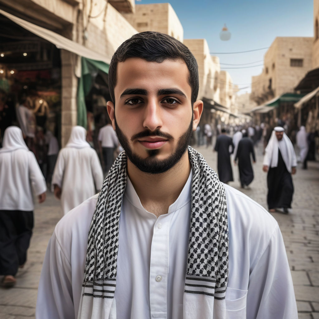 a young Palestinian man in his mid-20s. He has short, dark hair and a neatly groomed beard. His outfit reflects traditional Palestinian fashion: he is wearing a white thobe paired with a black and white keffiyeh. The background features a bustling Palestinian street with traditional markets and historic architecture, capturing the essence of Palestinian culture and style.