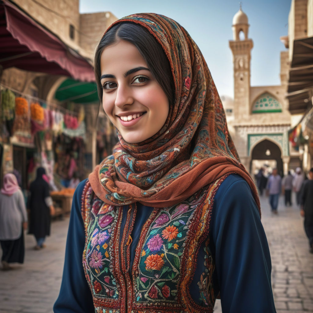 a young Palestinian woman in her mid-20s. She has long, dark hair and a warm smile. Her outfit reflects traditional Palestinian fashion: she is wearing a colorful, intricately embroidered dress paired with a matching hijab. The background features a bustling Palestinian street with traditional markets and historic architecture, capturing the essence of Palestinian culture and style.