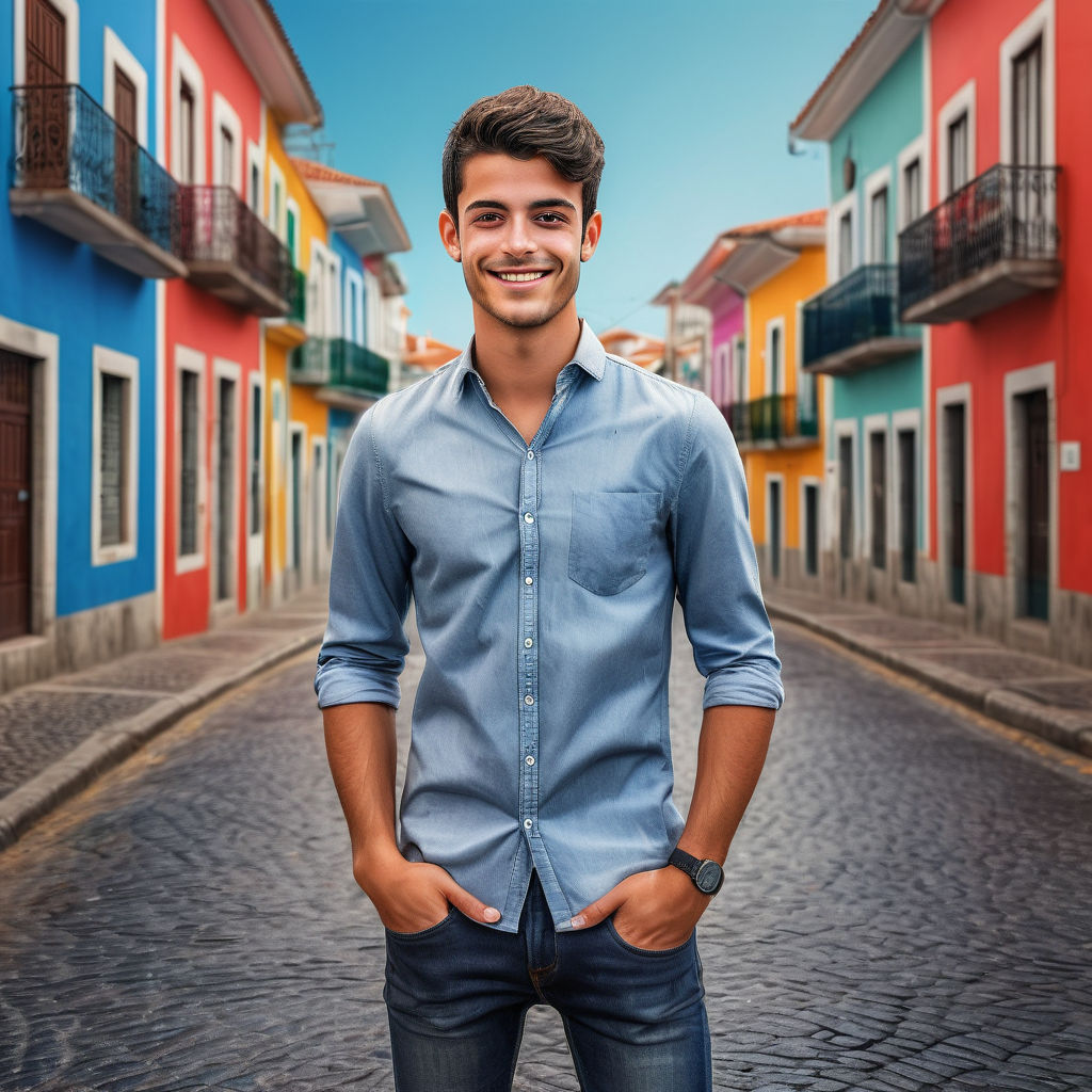 a young Portuguese man in his mid-20s. He has short, dark hair and a friendly smile. His outfit reflects modern Portuguese fashion: he is wearing a stylish, fitted casual shirt paired with slim-fit jeans and leather shoes. The background features a picturesque Portuguese street with colorful buildings and a lively atmosphere, capturing the essence of Portuguese culture and style.