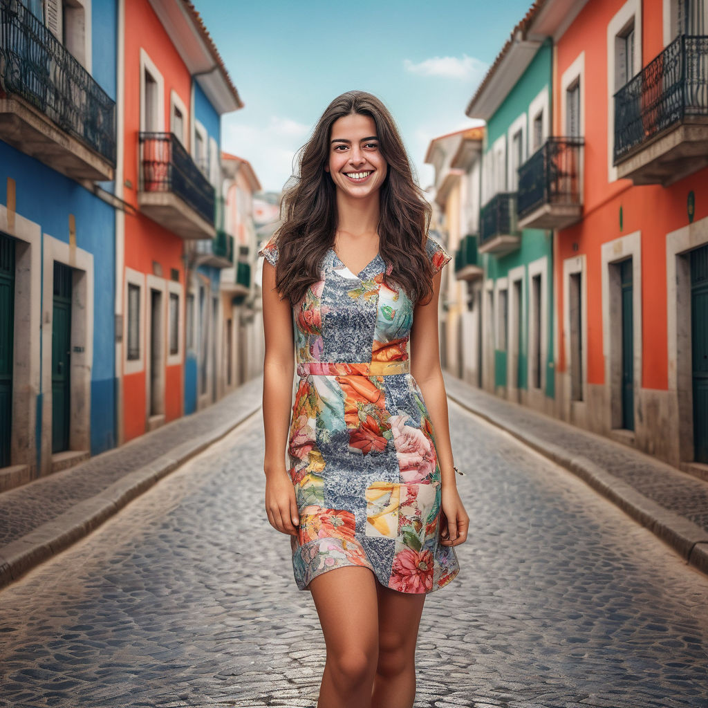 a young Portuguese woman in her mid-20s. She has long, dark hair and a bright smile. Her outfit reflects modern Portuguese fashion: she is wearing a stylish, fitted dress with a floral pattern, paired with sandals. The background features a picturesque Portuguese street with colorful buildings and a lively atmosphere, capturing the essence of Portuguese culture and style.