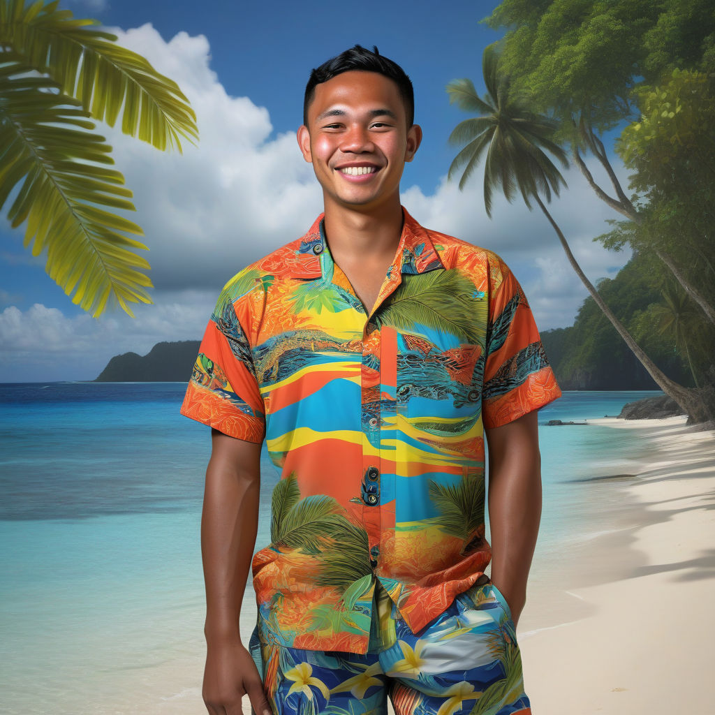 a young Palauan man in his mid-20s from Palau. He has short, wavy black hair and a bright, friendly smile. His outfit reflects traditional Palauan fashion: he is wearing a brightly colored, tropical shirt with island patterns, paired with casual shorts and flip-flops. The background features a picturesque Palauan beach with clear blue waters and lush palm trees, capturing the essence of Palauan culture and style.