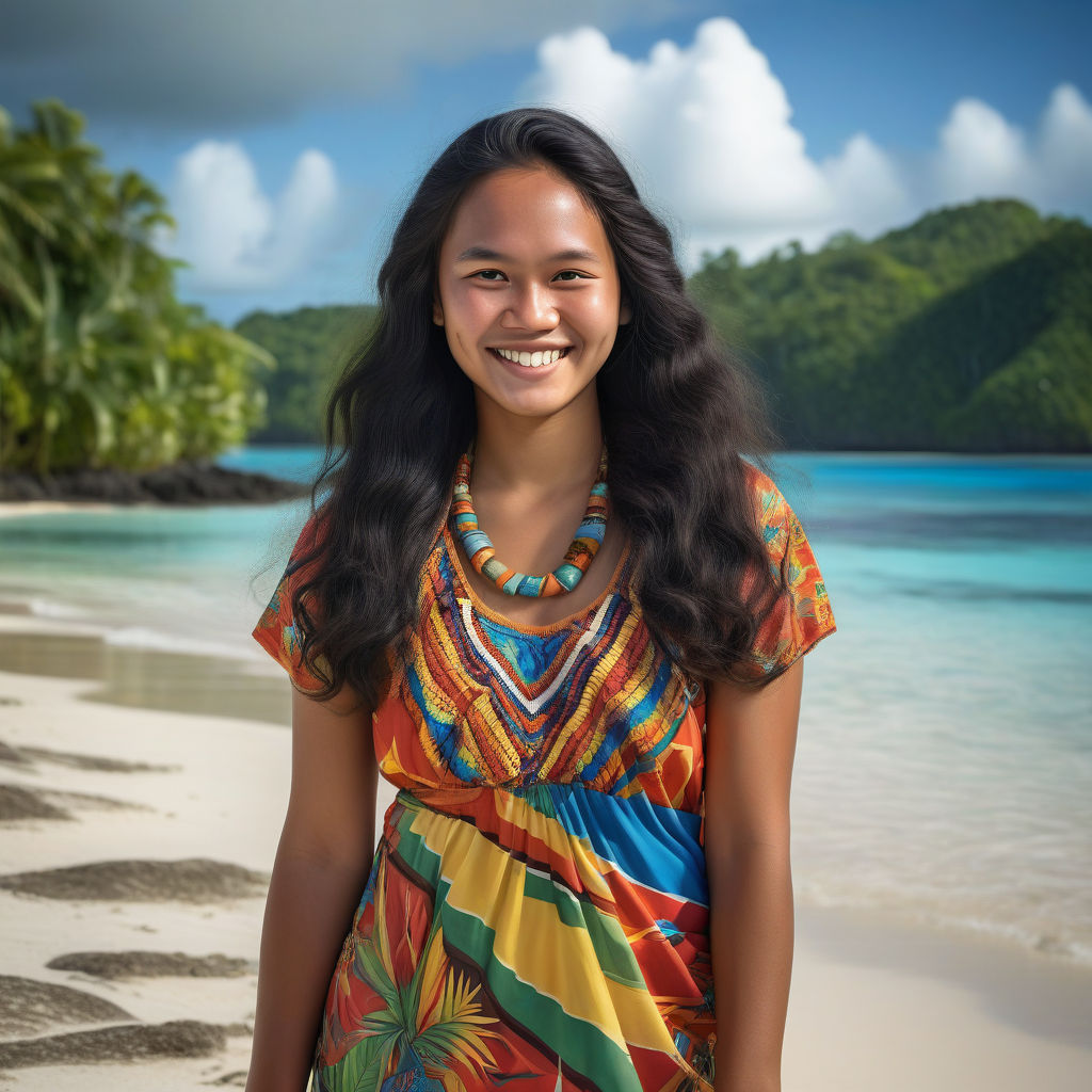 a young Palauan woman in her mid-20s from Palau. She has long, wavy black hair and a warm, radiant smile. Her outfit reflects traditional Palauan fashion: she is wearing a colorful, tropical dress with island patterns, paired with simple jewelry and sandals. The background features a beautiful Palauan beach with clear blue waters and lush palm trees, capturing the essence of Palauan culture and style.