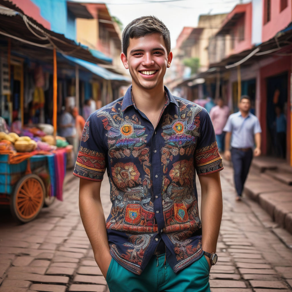 a young Paraguayan man in his mid-20s. He has short, dark hair and a friendly smile. His outfit reflects modern Paraguayan fashion: he is wearing a traditional ao po’i shirt with intricate embroidery, paired with casual trousers and leather shoes. The background features a lively Paraguayan street with vibrant markets and traditional architecture, capturing the essence of Paraguayan culture and style.