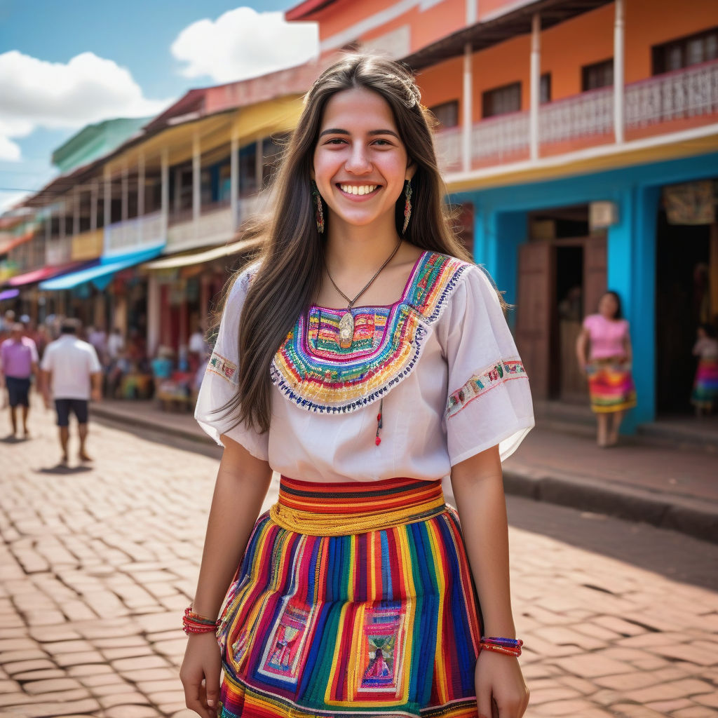 a young Paraguayan woman in her mid-20s. She has long, dark hair and a bright smile. Her outfit reflects modern Paraguayan fashion: she is wearing a traditional ao po’i blouse with intricate embroidery, paired with a colorful skirt and traditional jewelry. The background features a lively Paraguayan street with vibrant markets and traditional architecture, capturing the essence of Paraguayan culture and style.