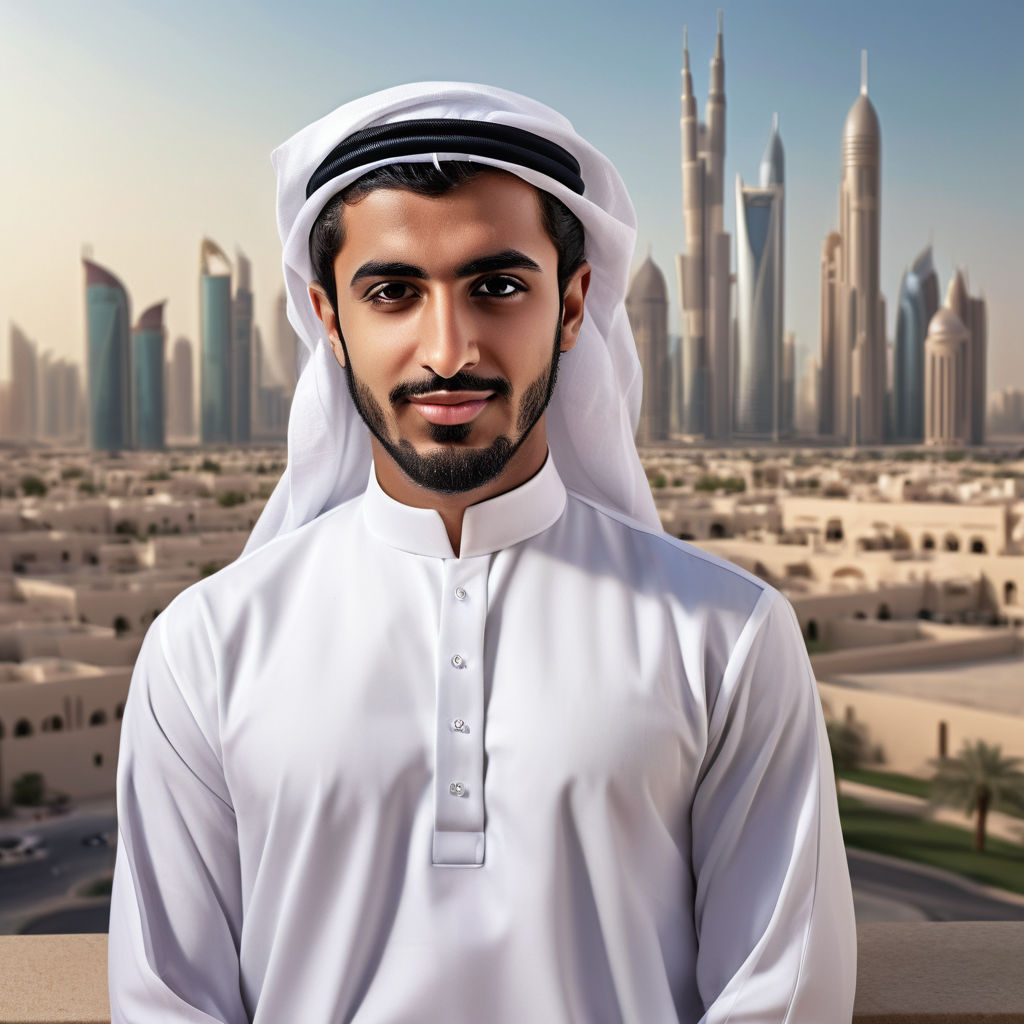 a young Qatari man in his mid-20s. He has short, dark hair and a neatly groomed beard. His outfit reflects traditional Qatari fashion: he is wearing a white thobe paired with a black agal and a white ghutra. The background features a modern Qatari cityscape with a blend of traditional and contemporary architecture, capturing the essence of Qatari culture and style.