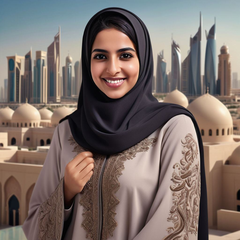 a young Qatari woman in her mid-20s. She has long, dark hair and a warm smile. Her outfit reflects traditional Qatari fashion: she is wearing an elegant abaya with intricate embroidery, paired with a matching hijab. The background features a modern Qatari cityscape with a blend of traditional and contemporary architecture, capturing the essence of Qatari culture and style.