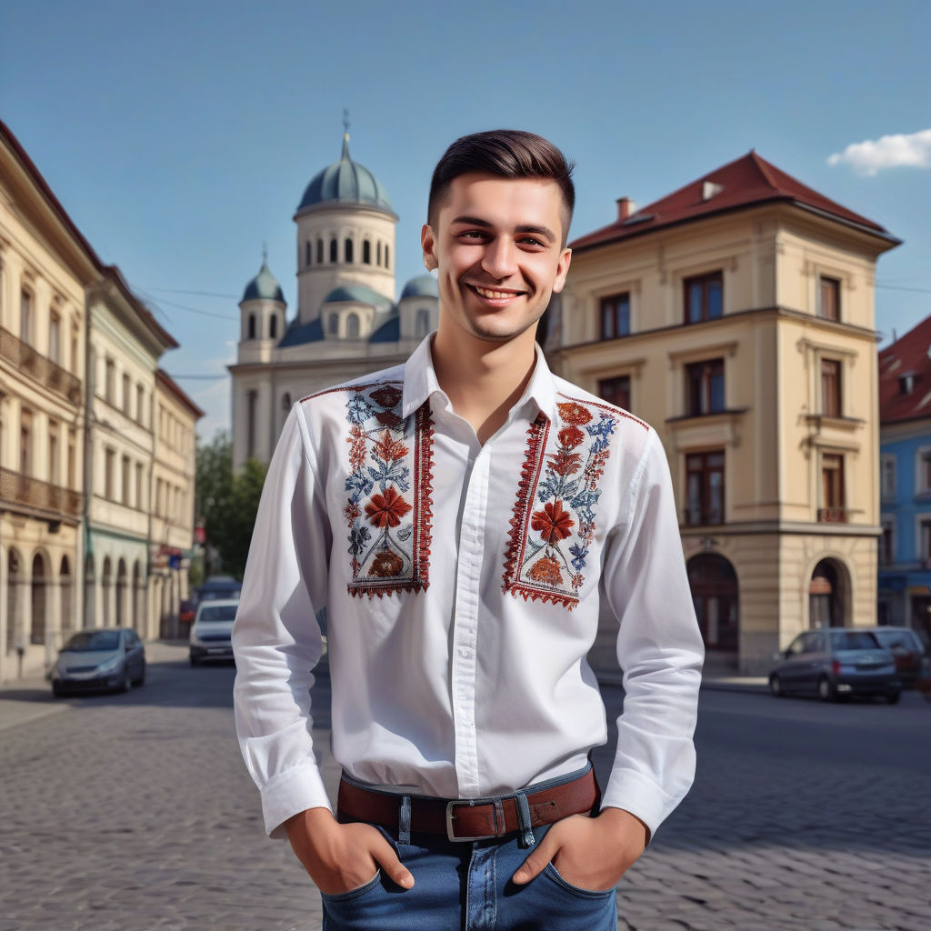 a young Romanian man in his mid-20s. He has short, dark hair and a friendly smile. His outfit reflects modern Romanian fashion: he is wearing a traditional embroidered shirt (ia) paired with modern jeans and casual shoes. The background features a picturesque Romanian street with historic buildings and a vibrant atmosphere, capturing the essence of Romanian culture and style.