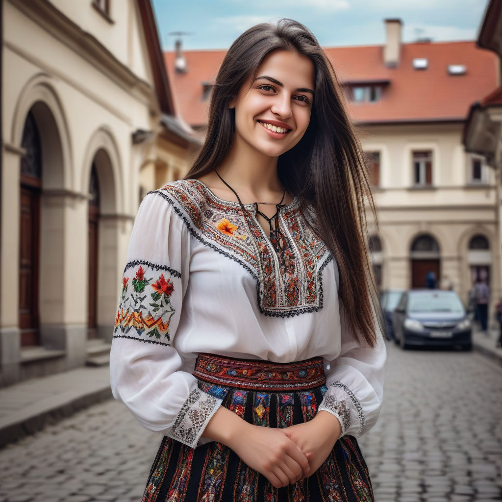 a young Romanian woman in her mid-20s. She has long, dark hair and a warm smile. Her outfit reflects modern Romanian fashion: she is wearing a traditional embroidered blouse (ia) paired with a modern skirt and stylish boots. The background features a charming Romanian street with historic buildings and a vibrant atmosphere, capturing the essence of Romanian culture and style.