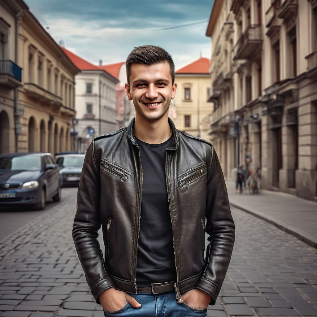 a young Serbian man in his mid-20s. He has short, dark hair and a confident smile. His outfit reflects modern Serbian fashion: he is wearing a stylish, fitted leather jacket over a casual t-shirt, paired with slim-fit jeans and leather shoes. The background features a lively Serbian street with historic buildings and a vibrant atmosphere, capturing the essence of Serbian culture and style.